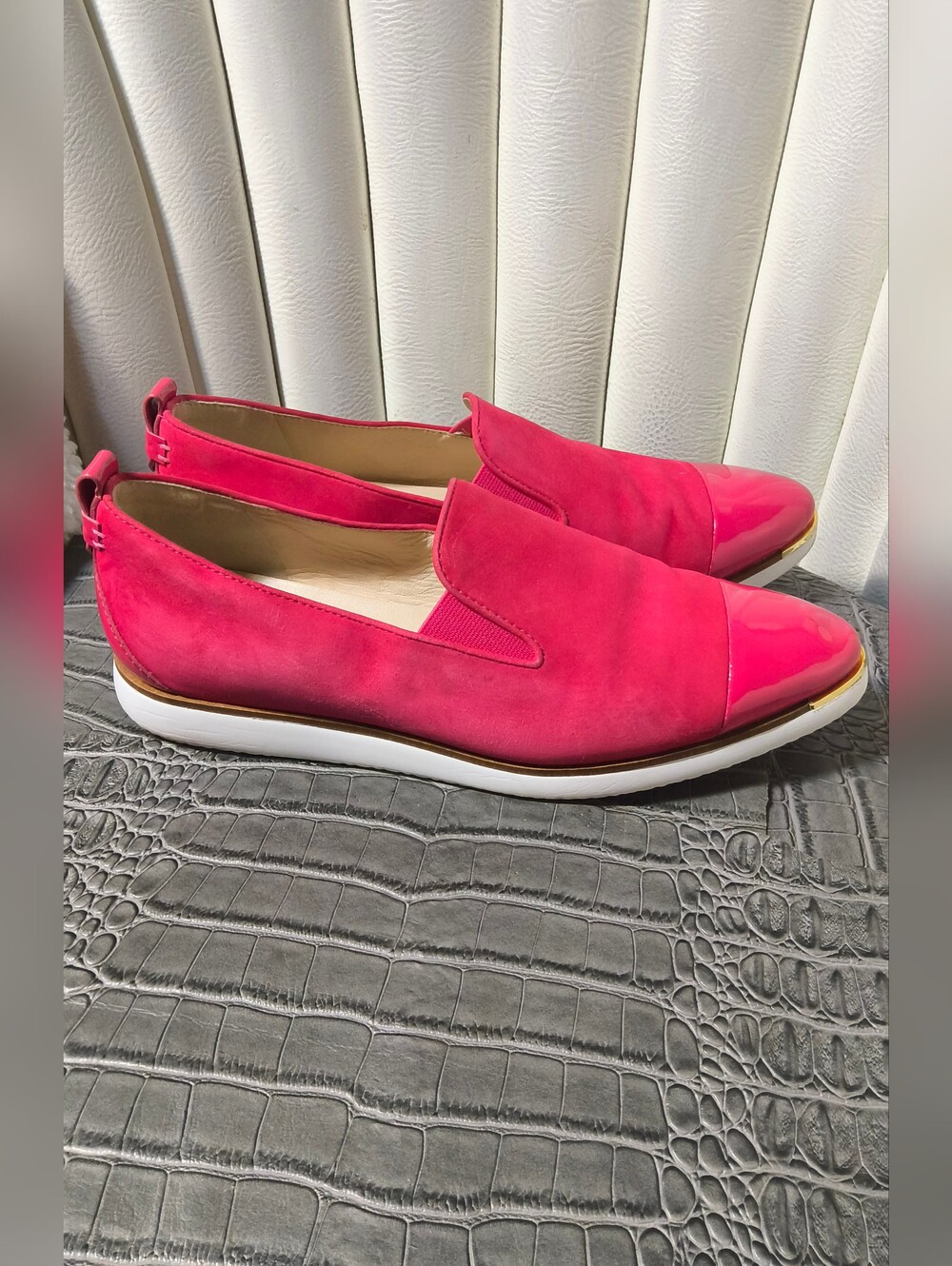 Hot pink Cole Haan Grand Ambition slip-on loafers with glossy patent cap toes. - Picture 3 of 6